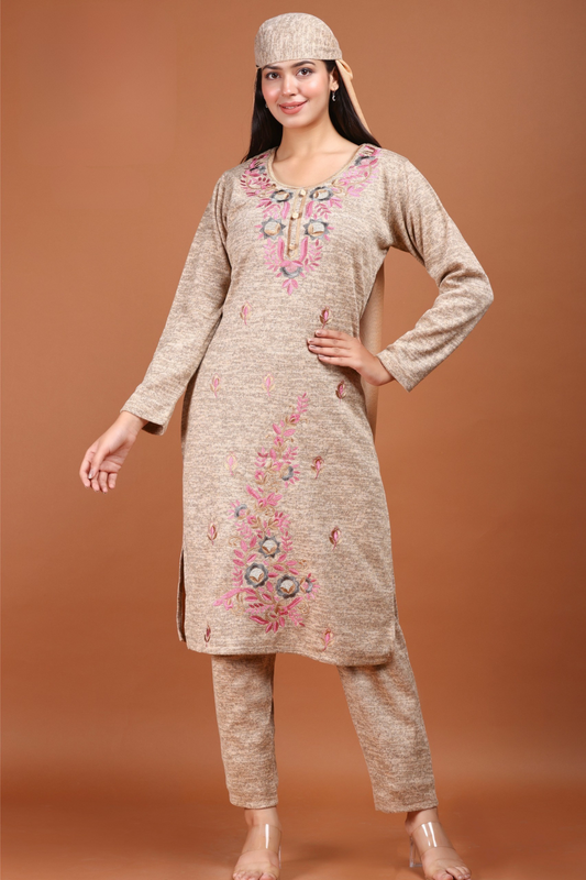 Sandalwood Set – Beige Embroidered Kurti Pant Set | Winter Festive Ethnic Wear