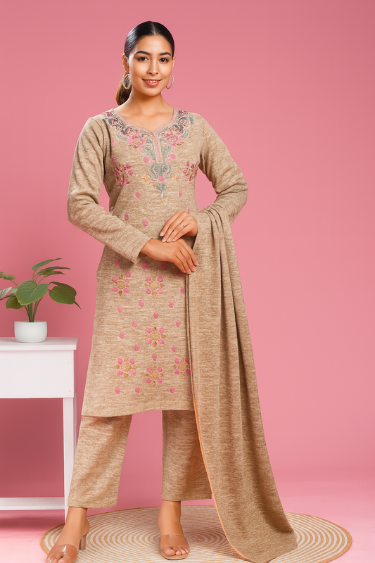 Beige Set – Soft Beige Embroidered Kurti Suit | Winter Ethnic Collection by Desi Drape
