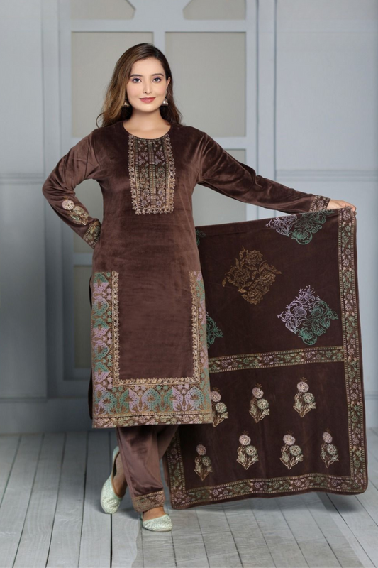 Brown Velvet Kurti Pant Set | Winter Ethnic Wear