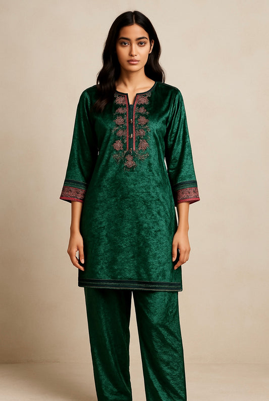 Green Velvet Kurti and Trousers | Winter Ethnic Wear by Desi Drape