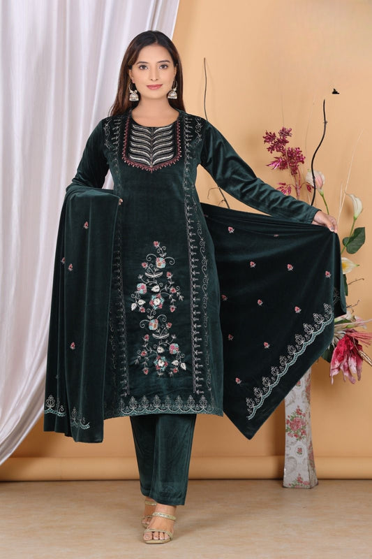 Green Velvet Suit – Velvet Kurti Pant Set for Women | Winter Ethnic Wear