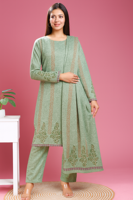 Light Green Embroidered Kurti Pant Set | Winter Ethnic Wear