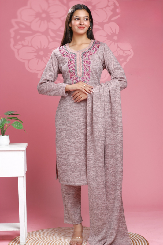 Pink Floral Embroidered Kurti Set | Ethnic Winter Outfit by Desi Drape