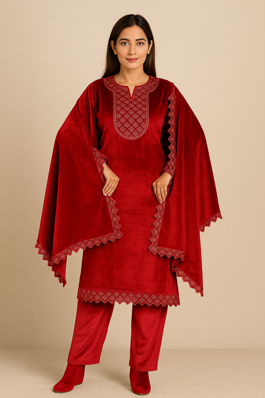 Laal Ishq Set – Red Velvet Kurti Pant Set for Winter | Desi Drape