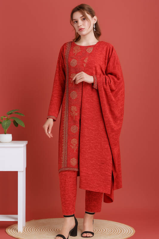 Red Embroidered Kurti Pant Set | Winter Festive Ethnic Wear