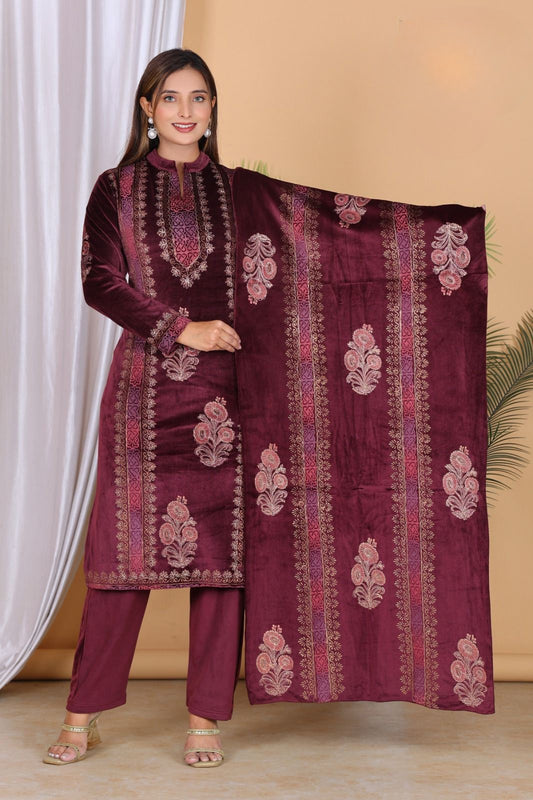 Wine Velvet Suit – Burgundy Velvet Kurti Set for Women | Winter Festive Ethnic Wear