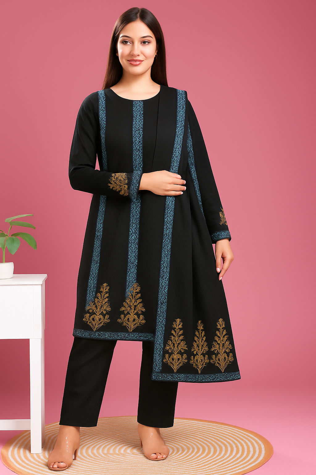 Light Green Embroidered Kurti Pant Set | Winter Ethnic Wear